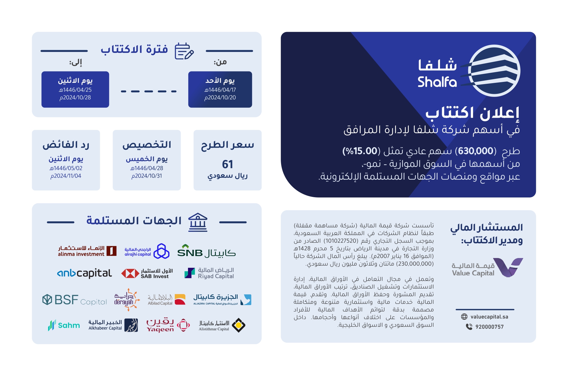 اعلان اكتتاب في شركة شلفا لادارة المرافق 630 الف سهم عادي 